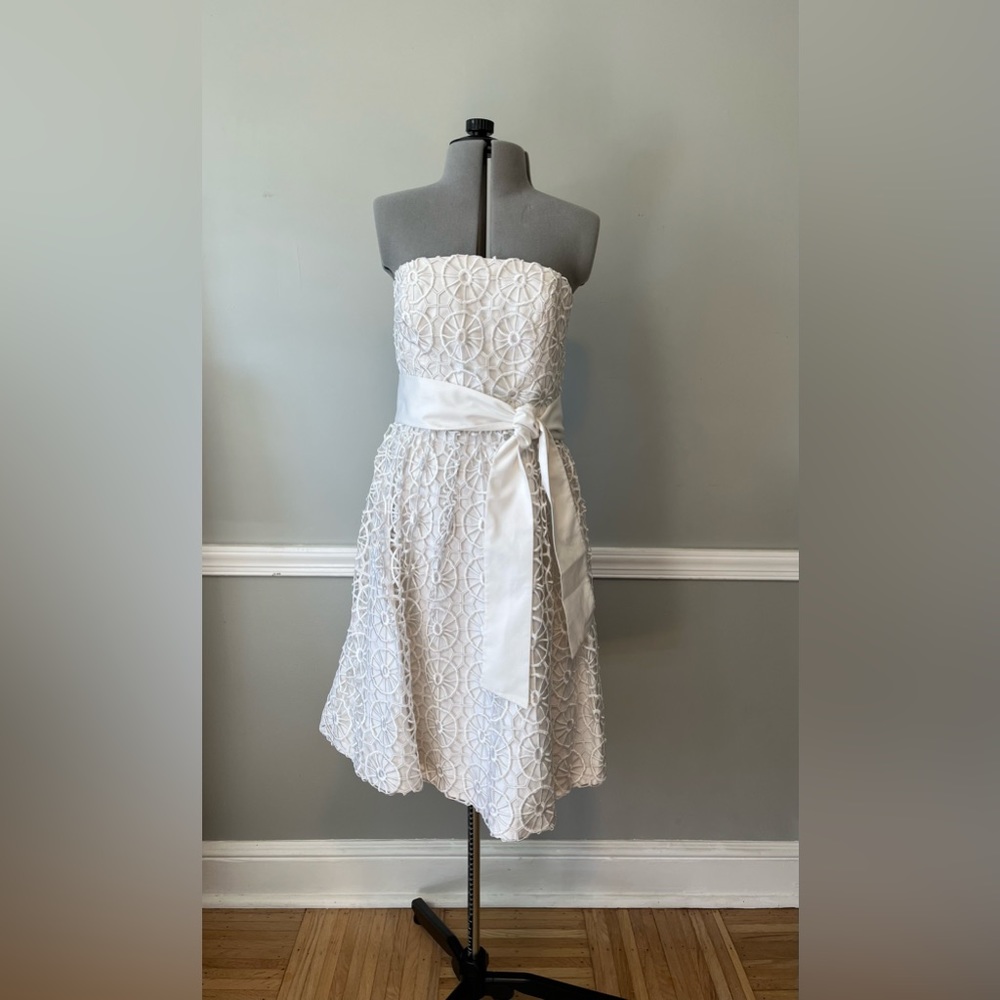 Tibi White Strapless Dress with Crochet Like Overlay Size 8